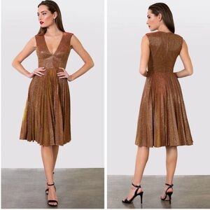 NWOT Helsi Corina Metallic Pleated Skirt Dress Glitter Glowing Gold Fit Flare S